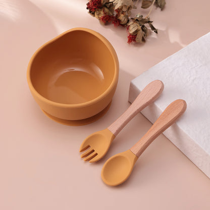 Set repas bébé 3 pièces – Bol antidérapant, cuillère et fourchette en bois
