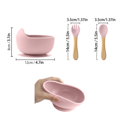 Set repas bébé 3 pièces – Bol antidérapant, cuillère et fourchette en bois