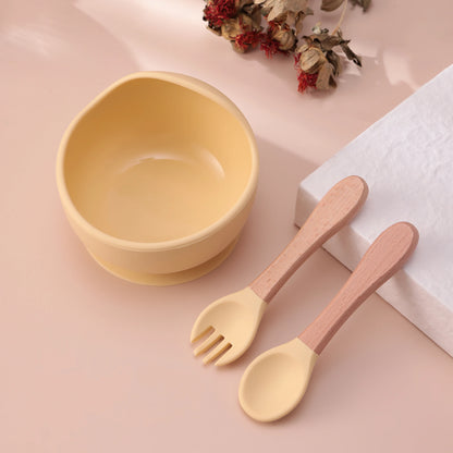Set repas bébé 3 pièces – Bol antidérapant, cuillère et fourchette en bois