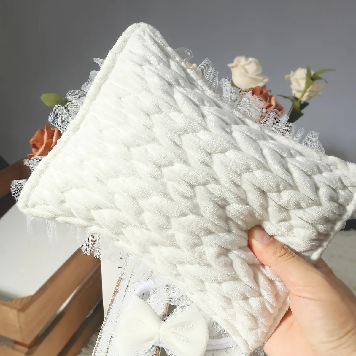 Tenue photo nouveau-né fille – Ensemble dentelle avec bandeau et oreiller