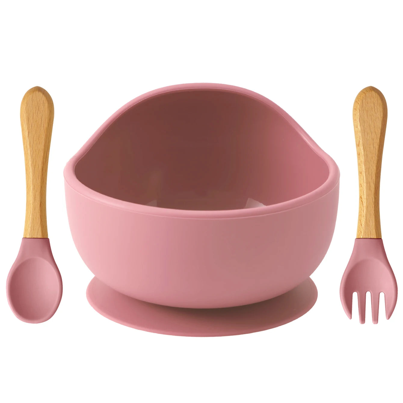 Set repas bébé 3 pièces – Bol antidérapant, cuillère et fourchette en bois