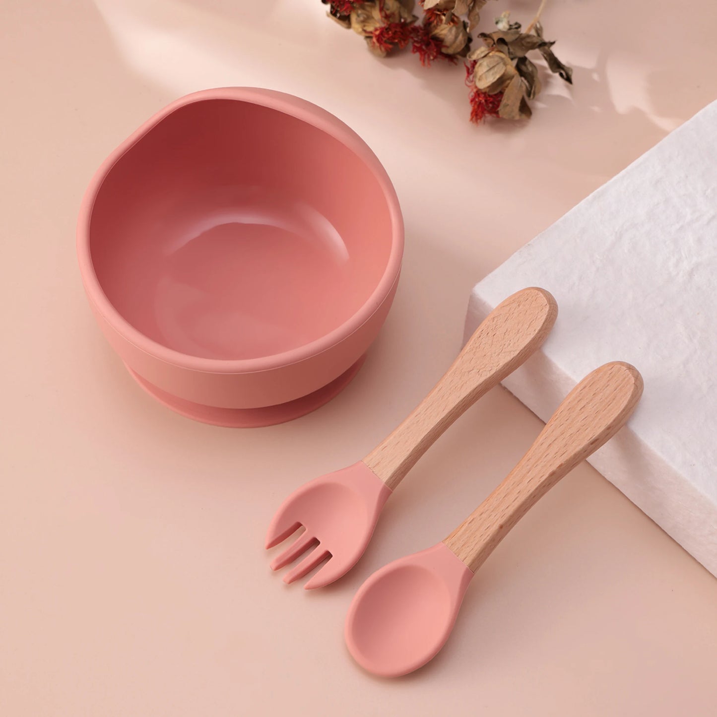 Set repas bébé 3 pièces – Bol antidérapant, cuillère et fourchette en bois
