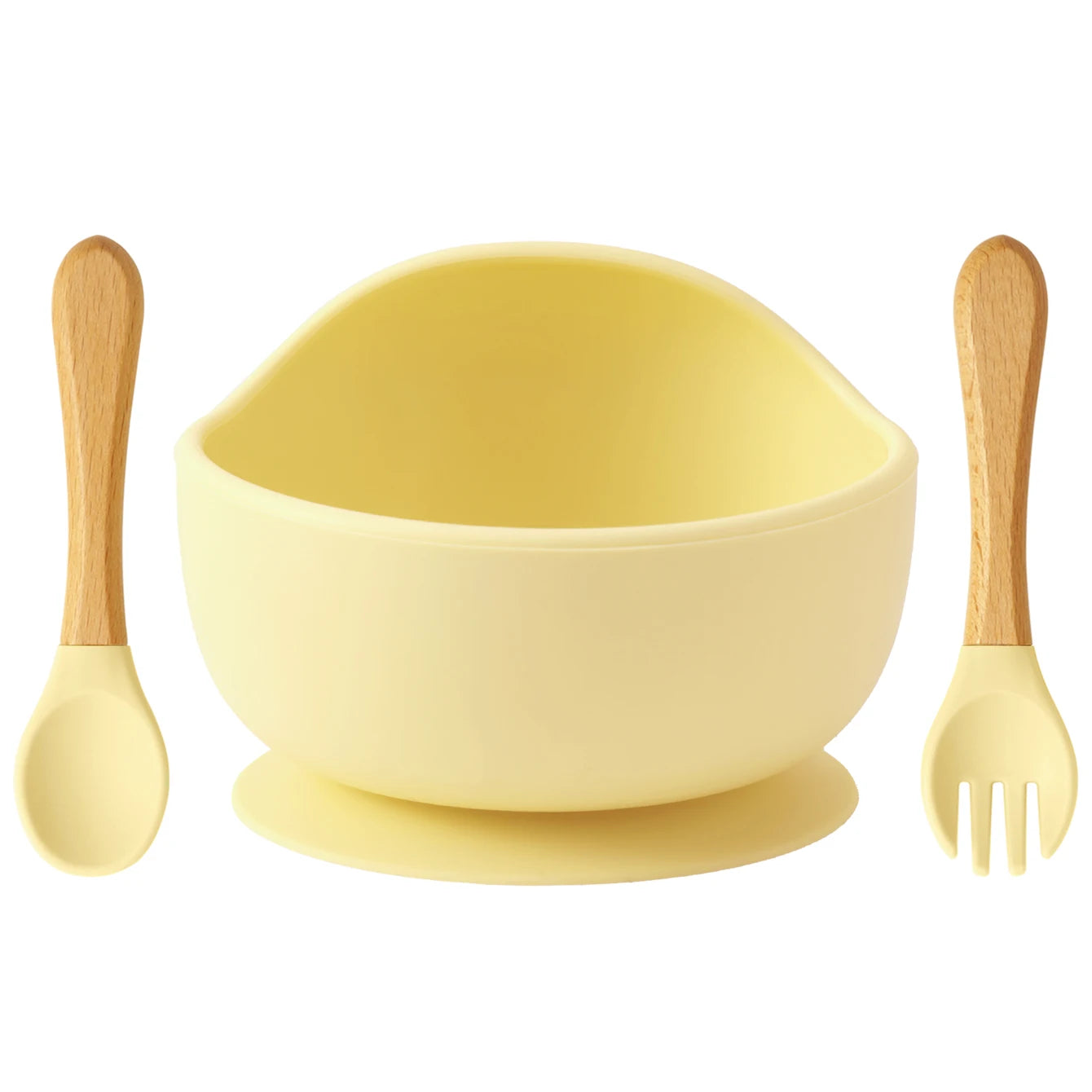Set repas bébé 3 pièces – Bol antidérapant, cuillère et fourchette en bois