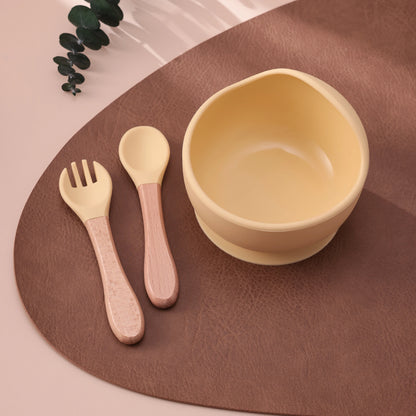 Set repas bébé 3 pièces – Bol antidérapant, cuillère et fourchette en bois