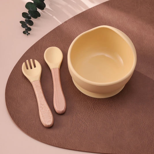 Set repas bébé 3 pièces – Bol antidérapant, cuillère et fourchette en bois