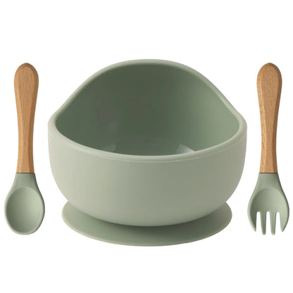 Set repas bébé 3 pièces – Bol antidérapant, cuillère et fourchette en bois