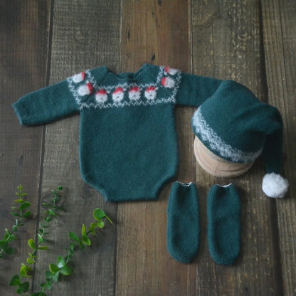 Tenue photo Noël nouveau-né – Ensemble tricoté pour shooting naissance