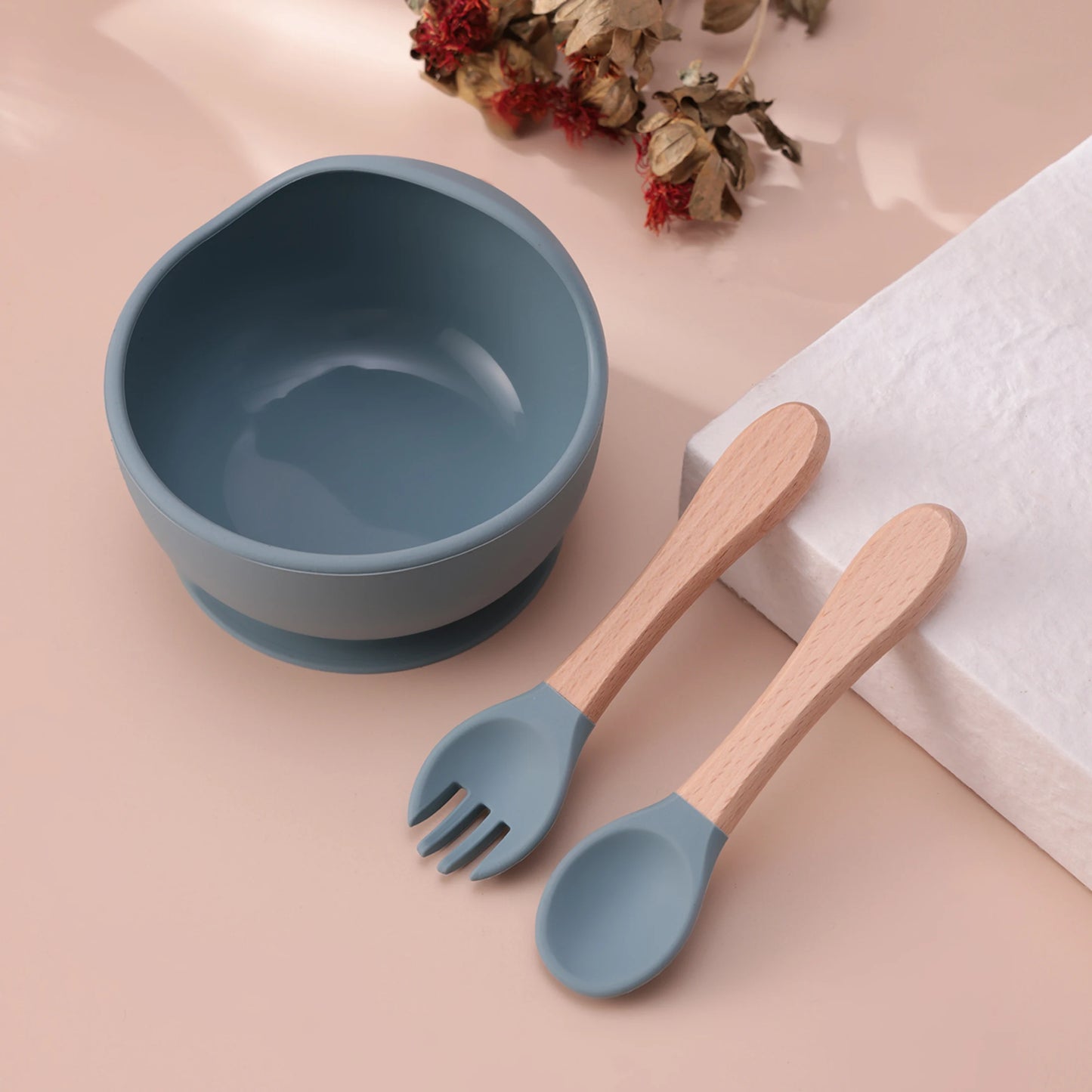 Set repas bébé 3 pièces – Bol antidérapant, cuillère et fourchette en bois