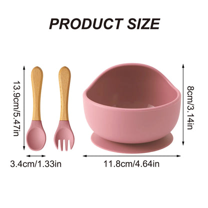 Set repas bébé 3 pièces – Bol antidérapant, cuillère et fourchette en bois