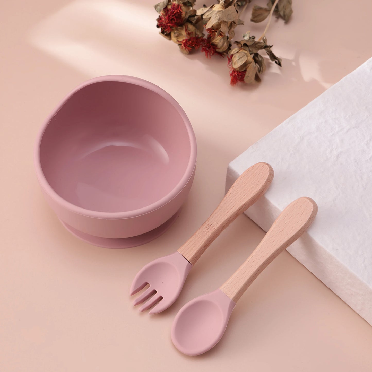 Set repas bébé 3 pièces – Bol antidérapant, cuillère et fourchette en bois
