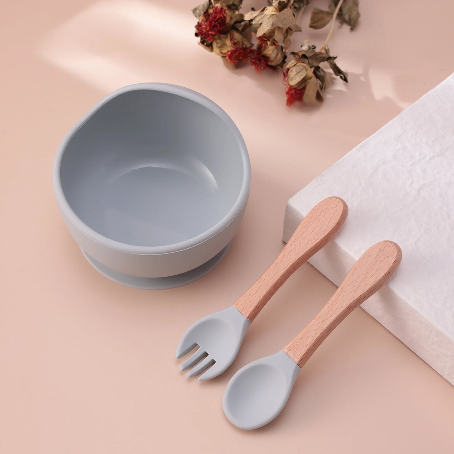 Set repas bébé 3 pièces – Bol antidérapant, cuillère et fourchette en bois