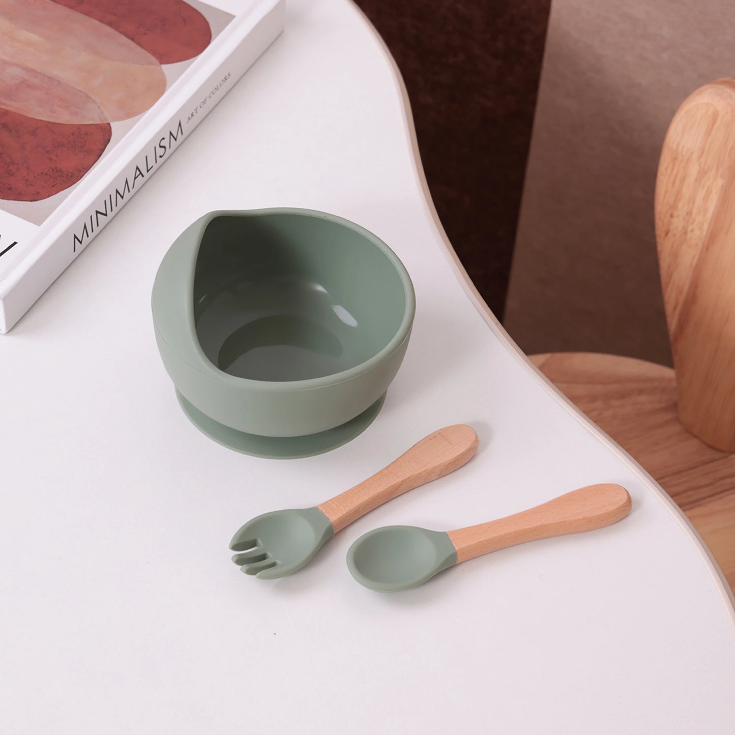 Set repas bébé 3 pièces – Bol antidérapant, cuillère et fourchette en bois