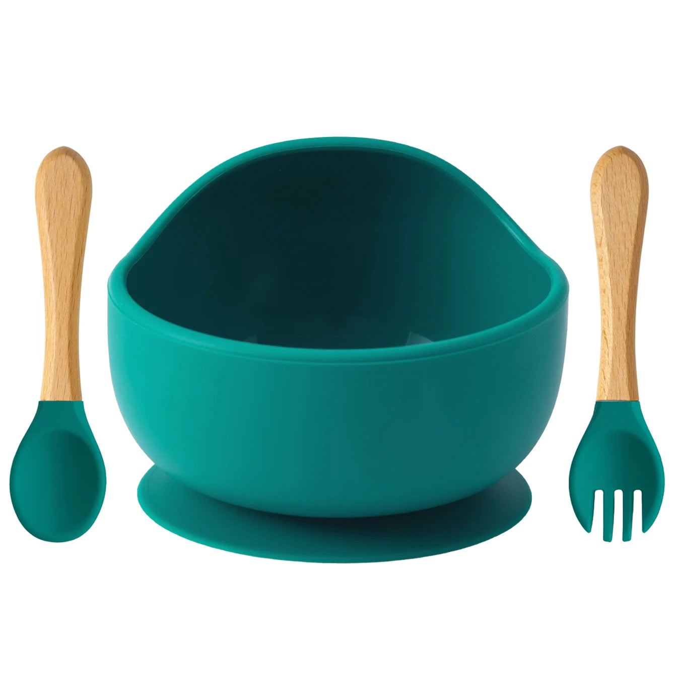 Set repas bébé 3 pièces – Bol antidérapant, cuillère et fourchette en bois