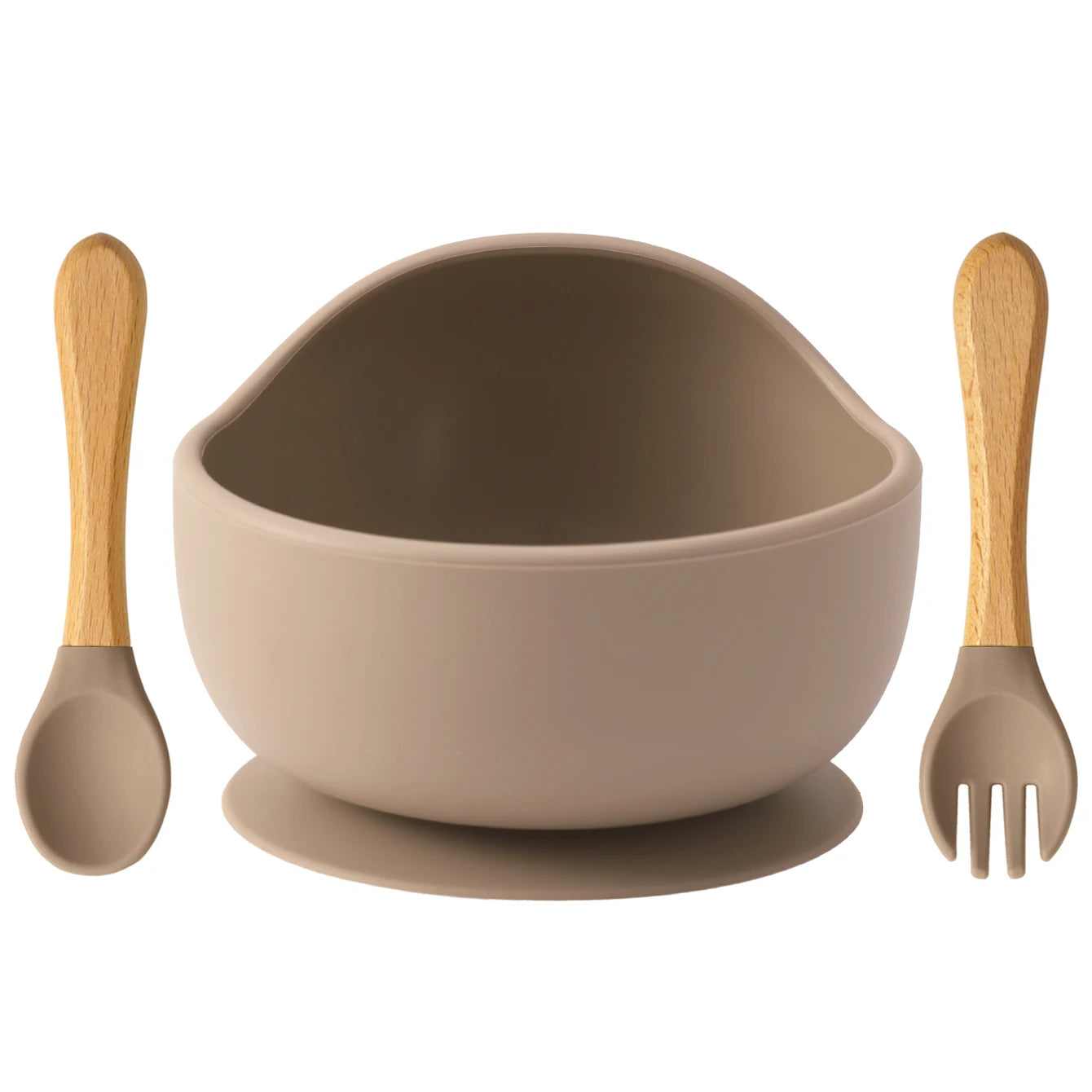 Set repas bébé 3 pièces – Bol antidérapant, cuillère et fourchette en bois