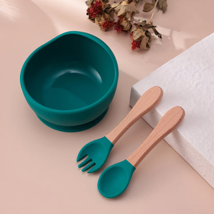Set repas bébé 3 pièces – Bol antidérapant, cuillère et fourchette en bois