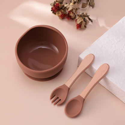 Set repas bébé 3 pièces – Bol antidérapant, cuillère et fourchette en bois