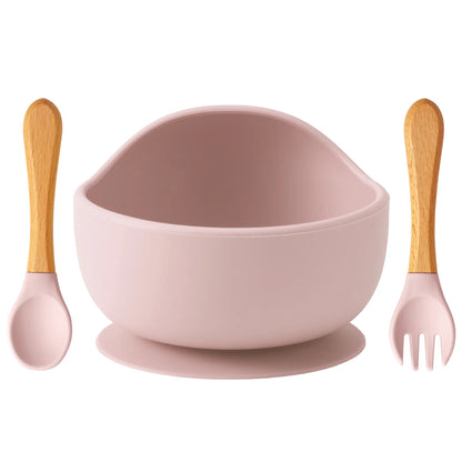 Set repas bébé 3 pièces – Bol antidérapant, cuillère et fourchette en bois