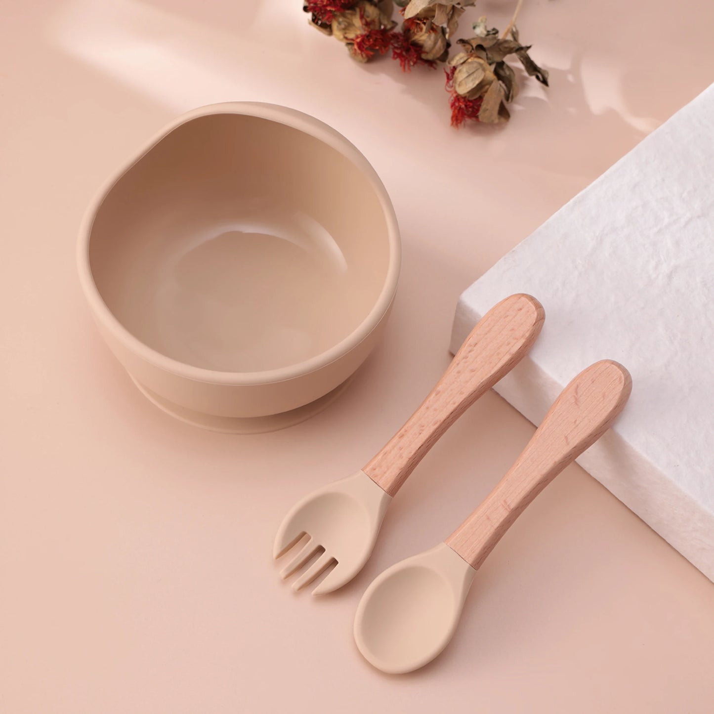 Set repas bébé 3 pièces – Bol antidérapant, cuillère et fourchette en bois