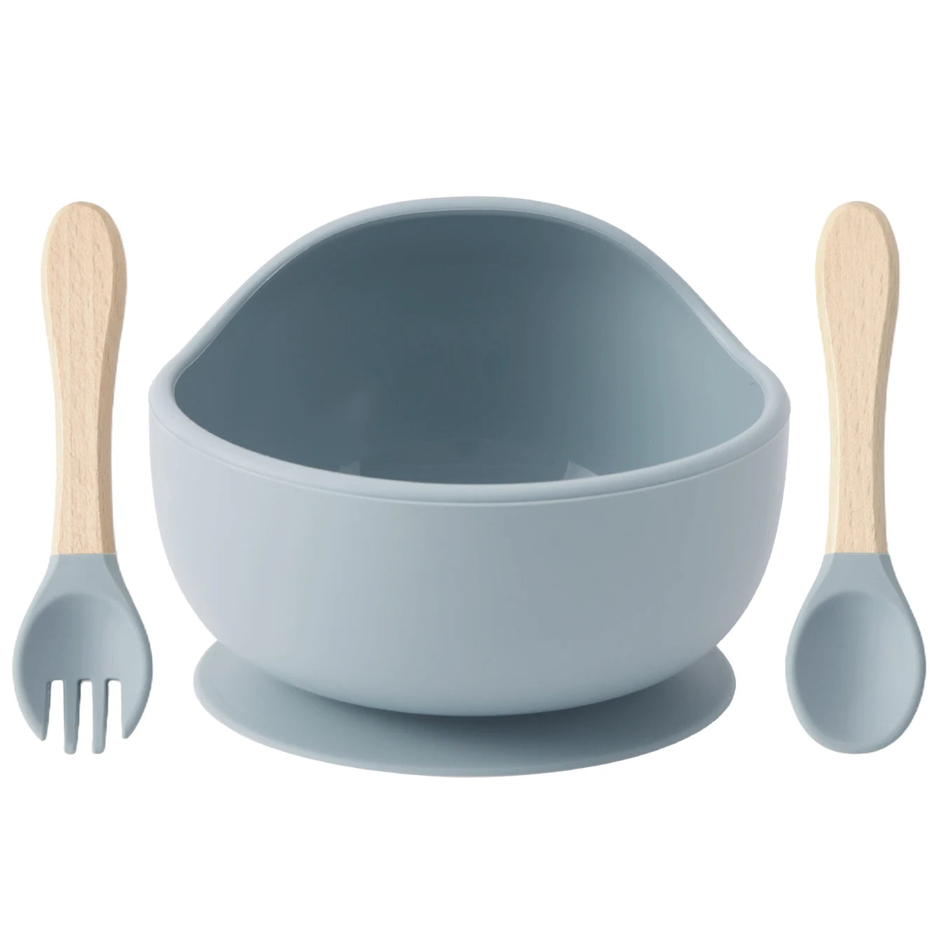 Set repas bébé 3 pièces – Bol antidérapant, cuillère et fourchette en bois