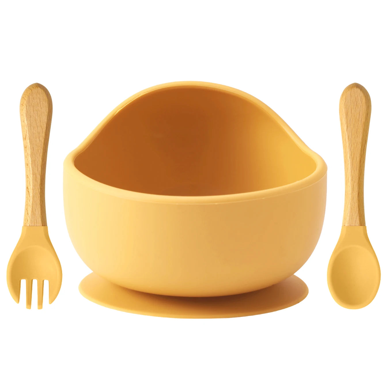 Set repas bébé 3 pièces – Bol antidérapant, cuillère et fourchette en bois