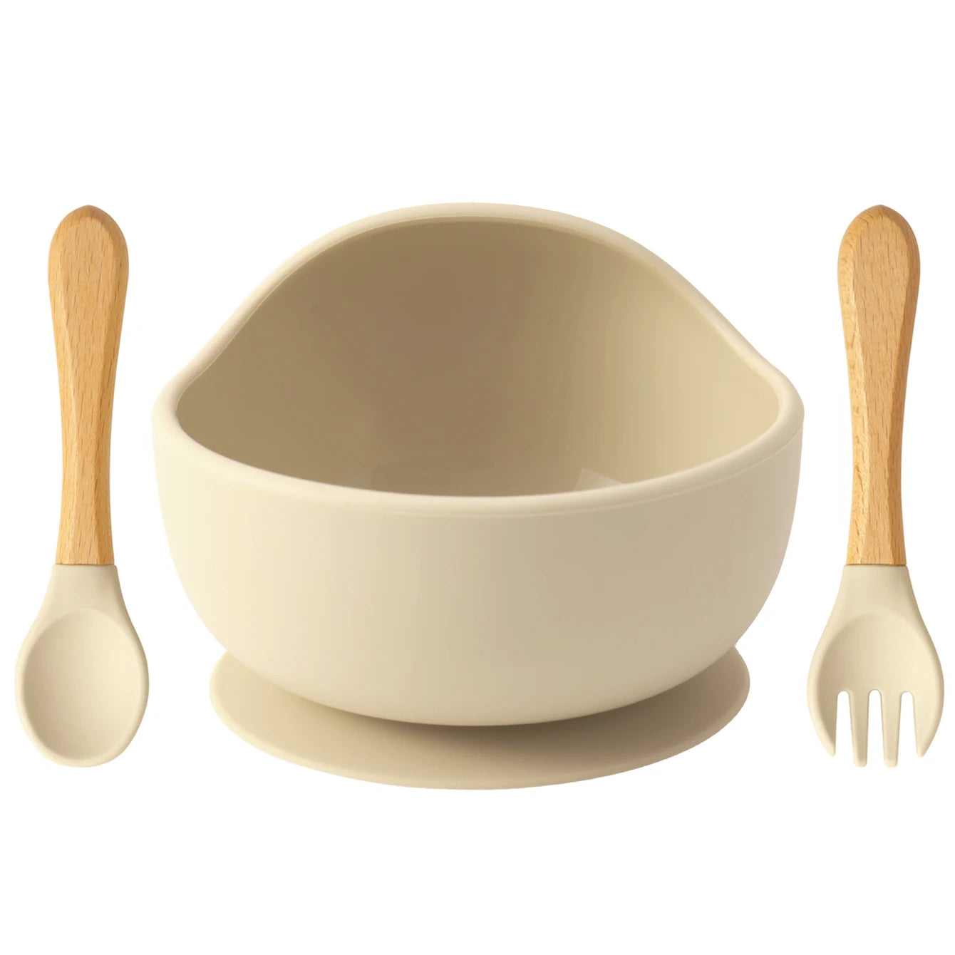 Set repas bébé 3 pièces – Bol antidérapant, cuillère et fourchette en bois