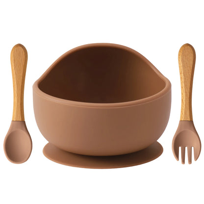 Set repas bébé 3 pièces – Bol antidérapant, cuillère et fourchette en bois