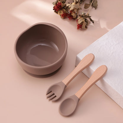 Set repas bébé 3 pièces – Bol antidérapant, cuillère et fourchette en bois