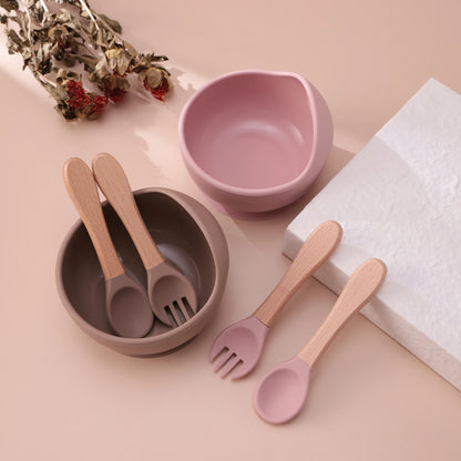 Set repas bébé 3 pièces – Bol antidérapant, cuillère et fourchette en bois