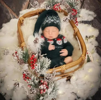 Tenue photo Noël nouveau-né – Ensemble tricoté pour shooting naissance