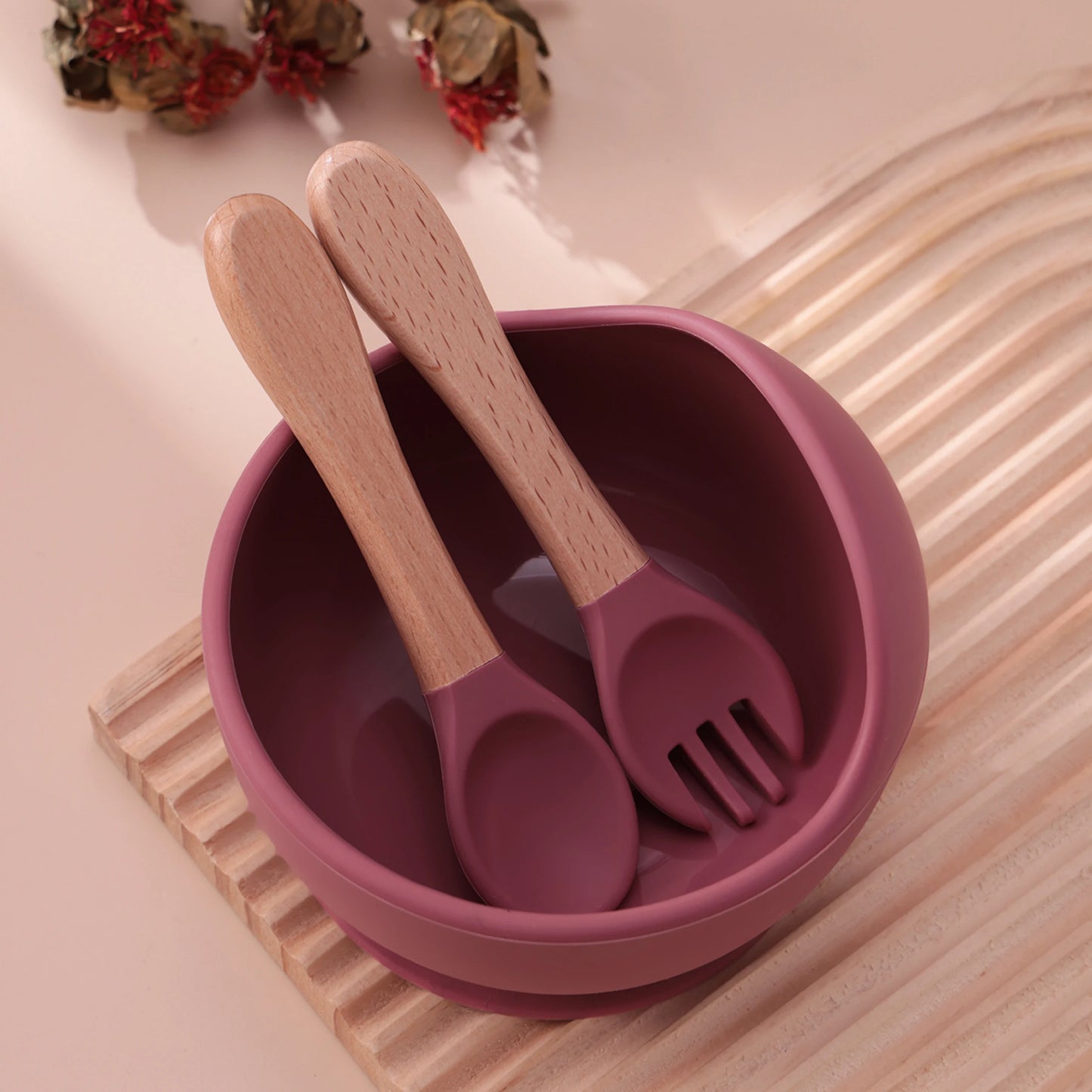 Set repas bébé 3 pièces – Bol antidérapant, cuillère et fourchette en bois