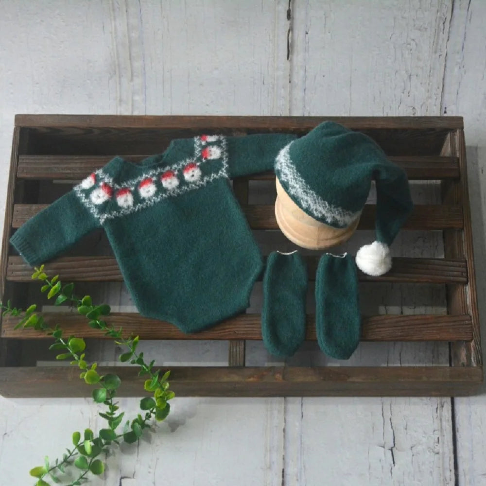 Tenue photo Noël nouveau-né – Ensemble tricoté pour shooting naissance